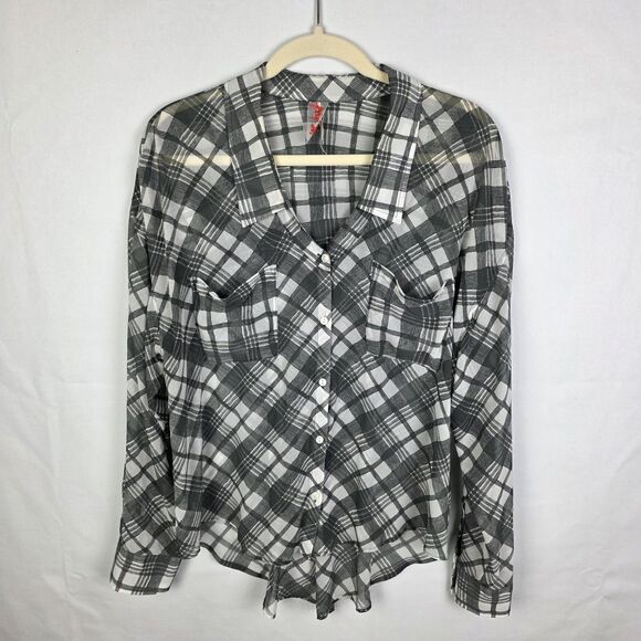 Free People Shirt Grey White Plaid Button Up Blouse Sheer Top Womens Size Medium - Picture 1 of 7